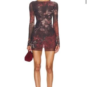 Floral Long Sleeve Dress - Red and Black